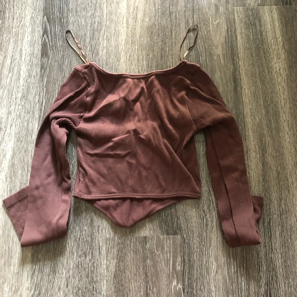 Zara Seamless Corset Ribbed Long Sleeve Top Asymmetric Hem Brown XS/S